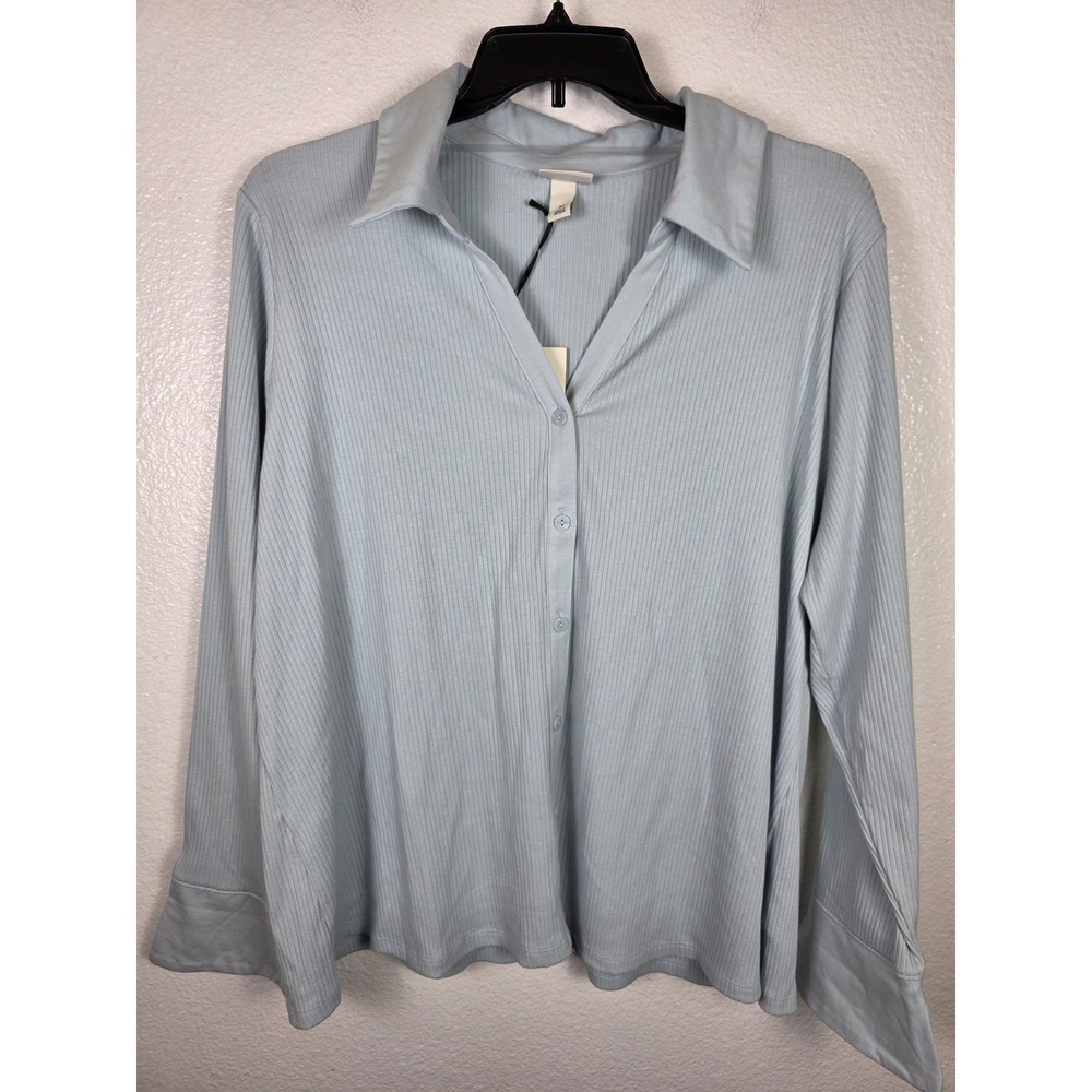 Ava & Viv Womens 3X Light Blue Ribbed Button Down Long Sleeve Shirt